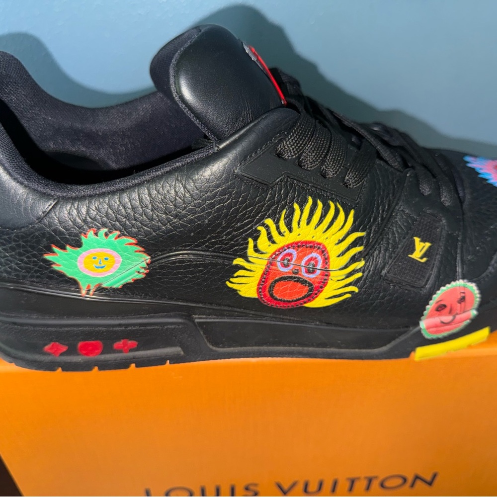 Louis Vuitton Black Leather Sneaker with Red LV Logo and Multicolor Sun Motif - Picture 5 of 9